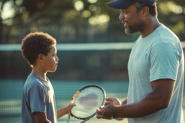 a tennis coach actively instructing a player on the court